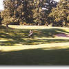 Salem GC #7: Huge trees line both sides of the fairway. The green is elevated with one bunker guarding the right front. The heavy shadows are from trees to the left of the fairway.