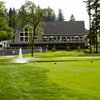 A view of the 18th green and clubhouse in background at Camas Meadows Golf Club