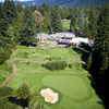 Thistle's #9: Mallards cafe & patio provides dramatic backdrop for an approach to the green, guarded by a bunker