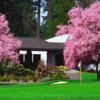 A view of a hole surrounded by spring blossom trees at Tualatin Country Club.